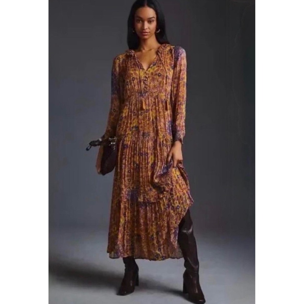 Anthropologie Gold Floral Medallion Tiered Maxi Dress Boho Tassel Small NEW